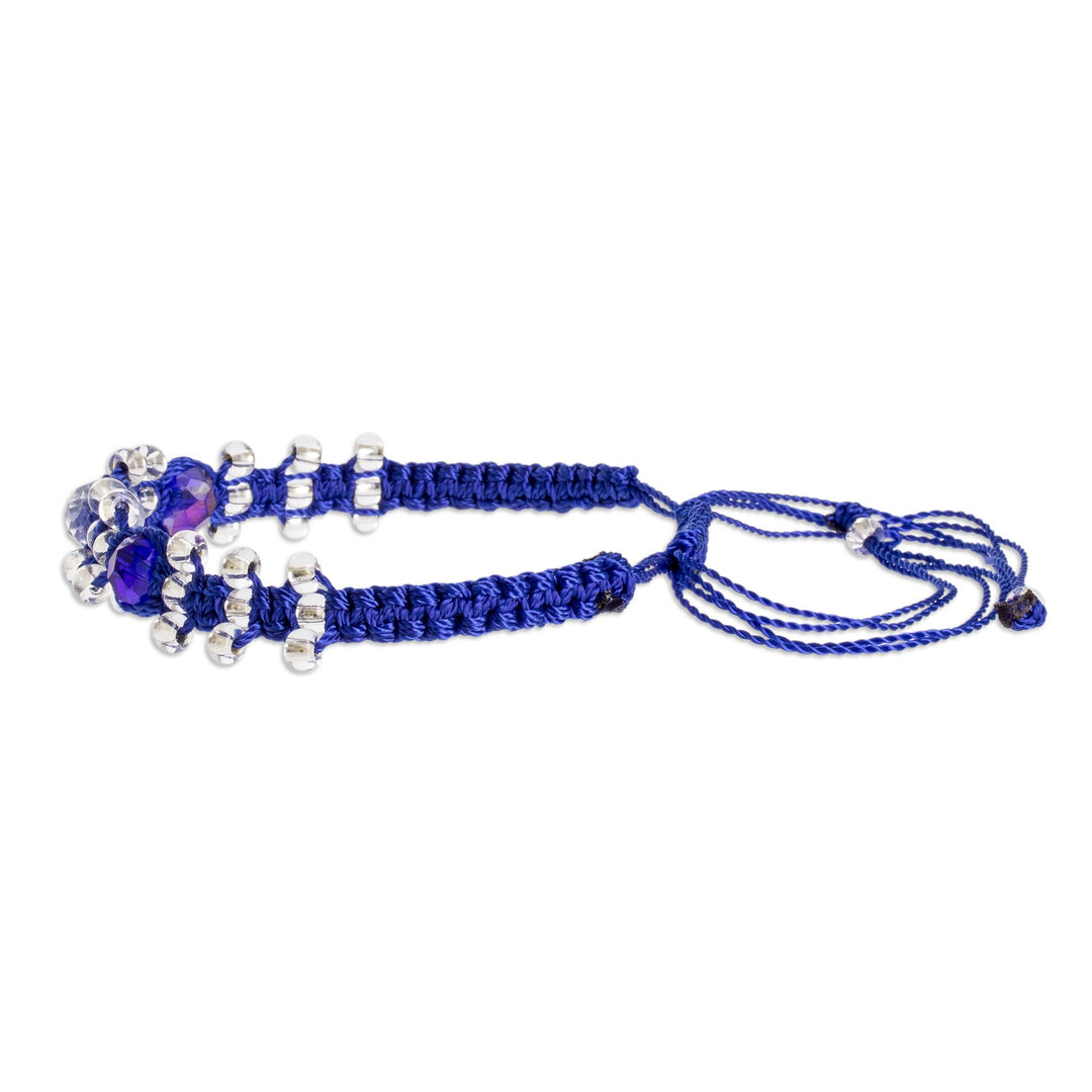 Dark Blue and Clear Crystal Macrame Beaded Bracelet - Crystals on Blue
