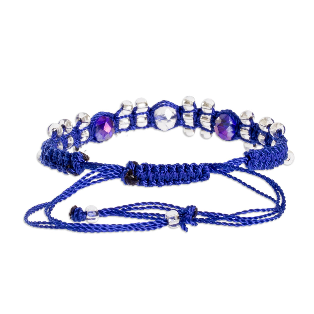 Dark Blue and Clear Crystal Macrame Beaded Bracelet - Crystals on Blue