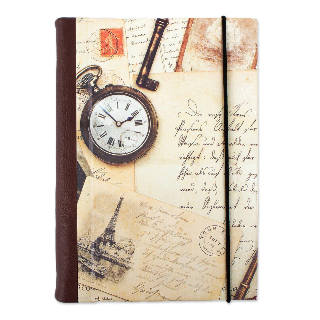 Recycled Paper Handmade Journal with Travel Motifs - Time Flies
