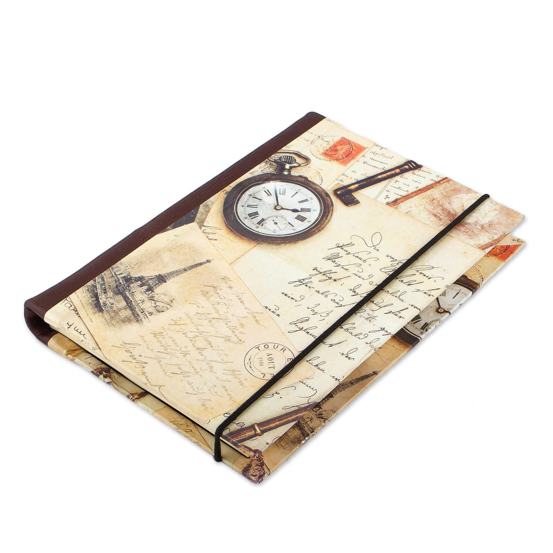 Recycled Paper Handmade Journal with Travel Motifs - Time Flies