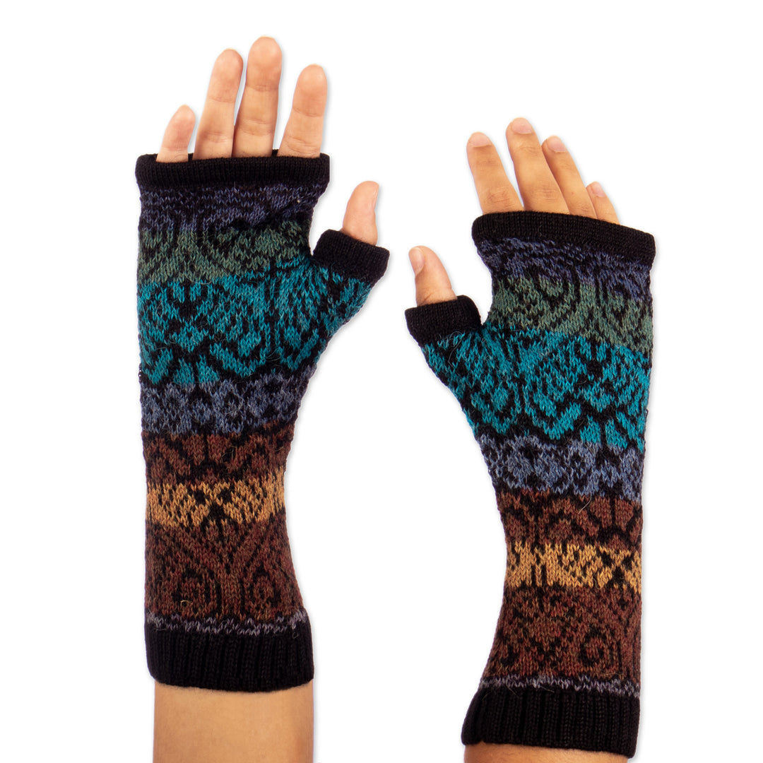 Inca Inspired Alpaca Knit Fingerless Mitts - Earth and Sky