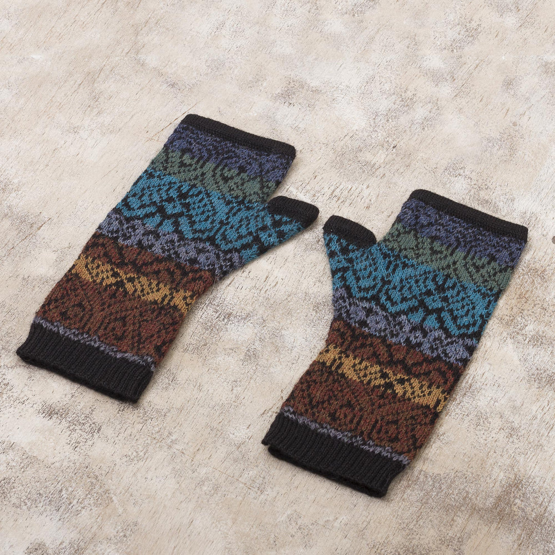Inca Inspired Alpaca Knit Fingerless Mitts - Earth and Sky