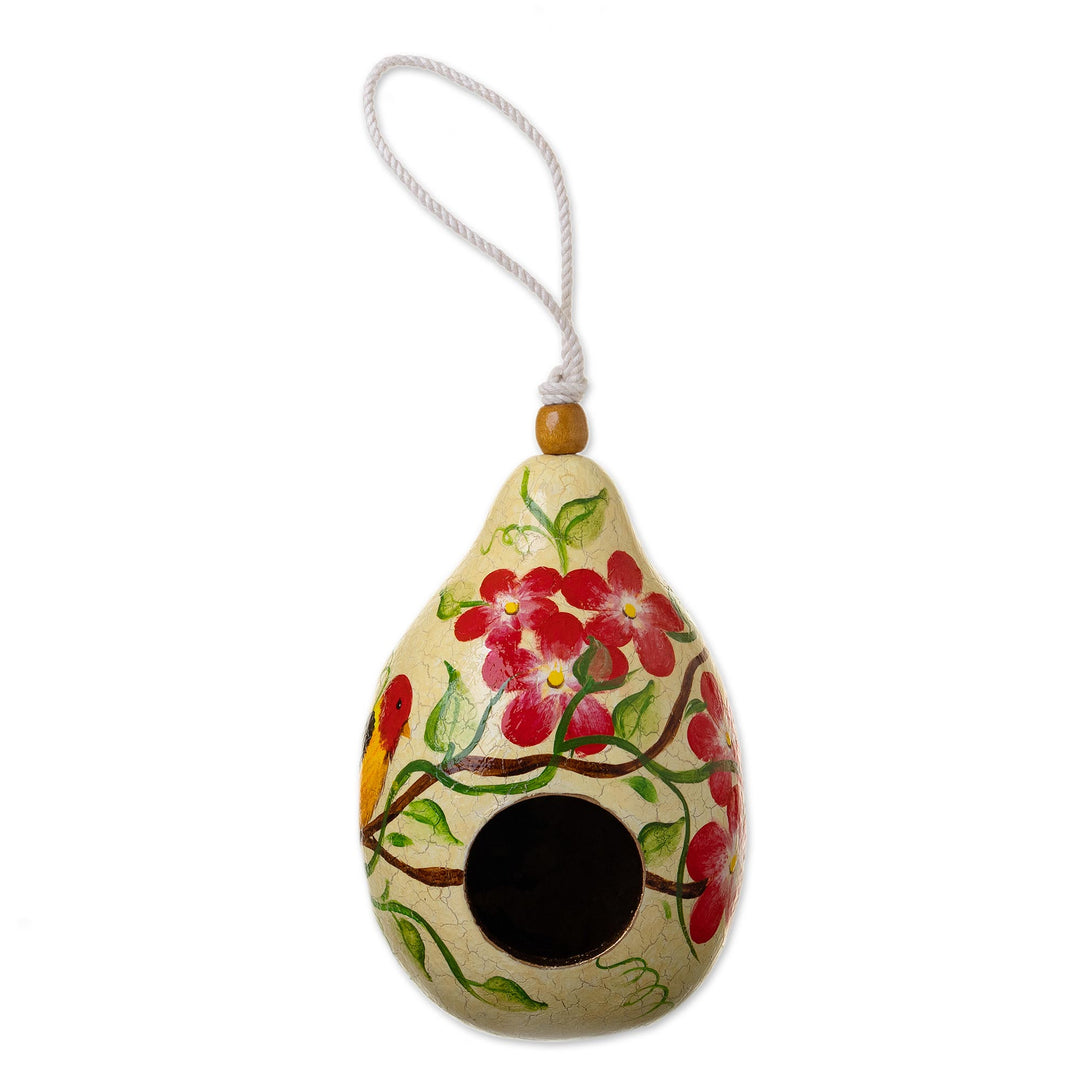 Dried Mate Gourd Birdhouse with Bird on a Flowering Tree - Antique Courtyard