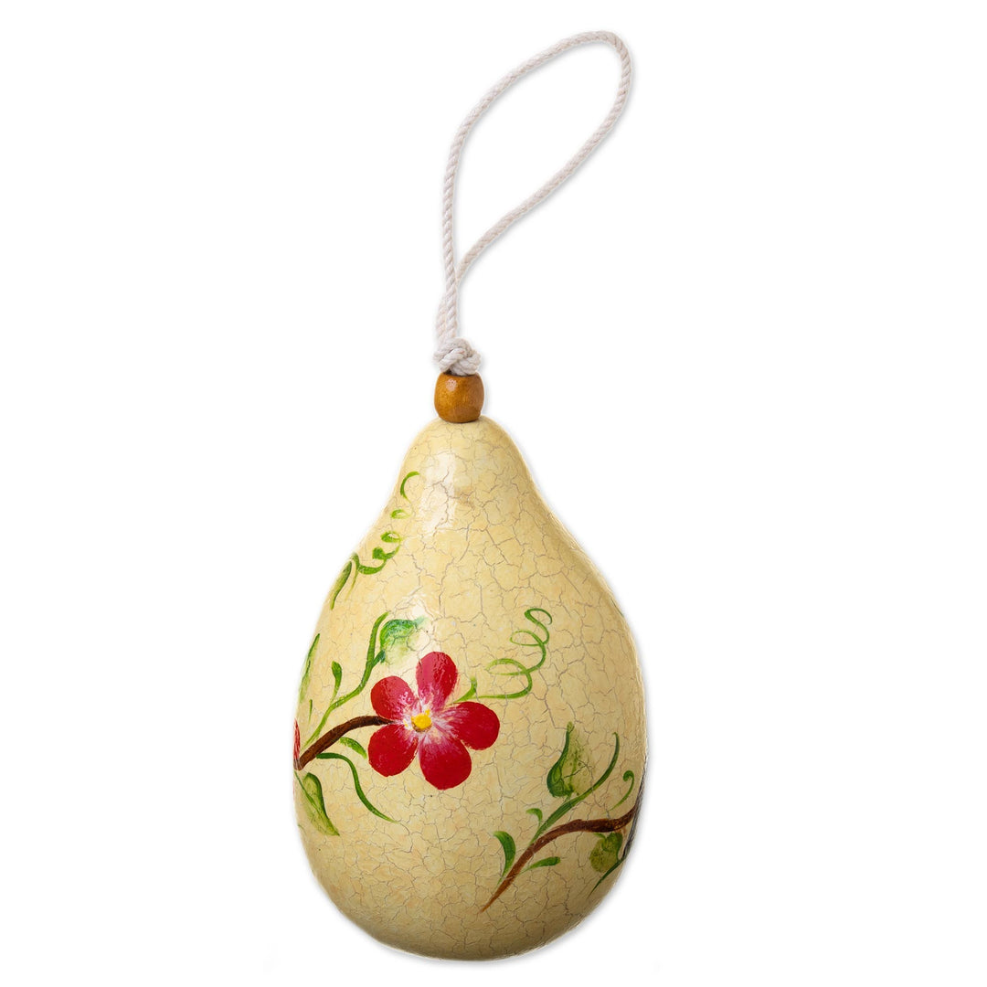Dried Mate Gourd Birdhouse with Bird on a Flowering Tree - Antique Courtyard