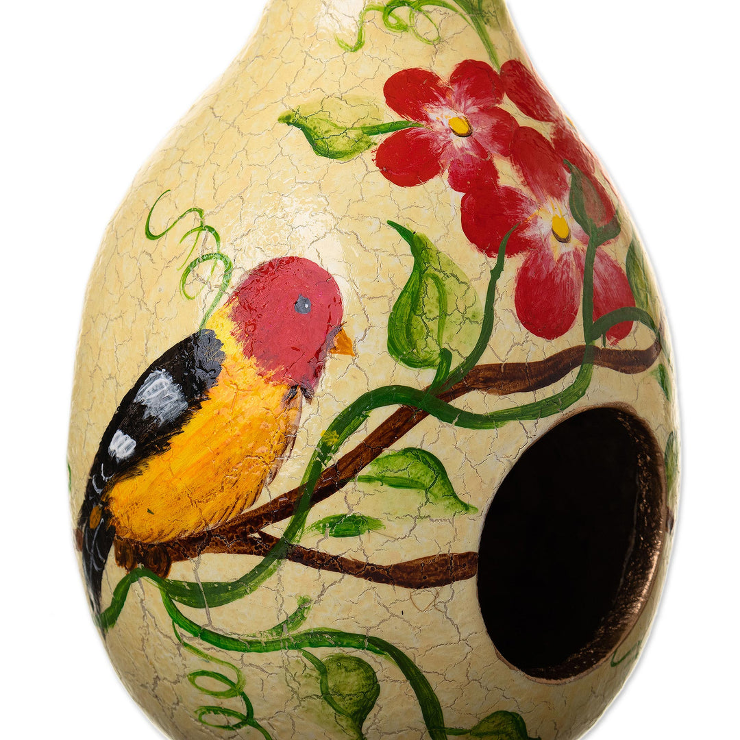 Dried Mate Gourd Birdhouse with Bird on a Flowering Tree - Antique Courtyard