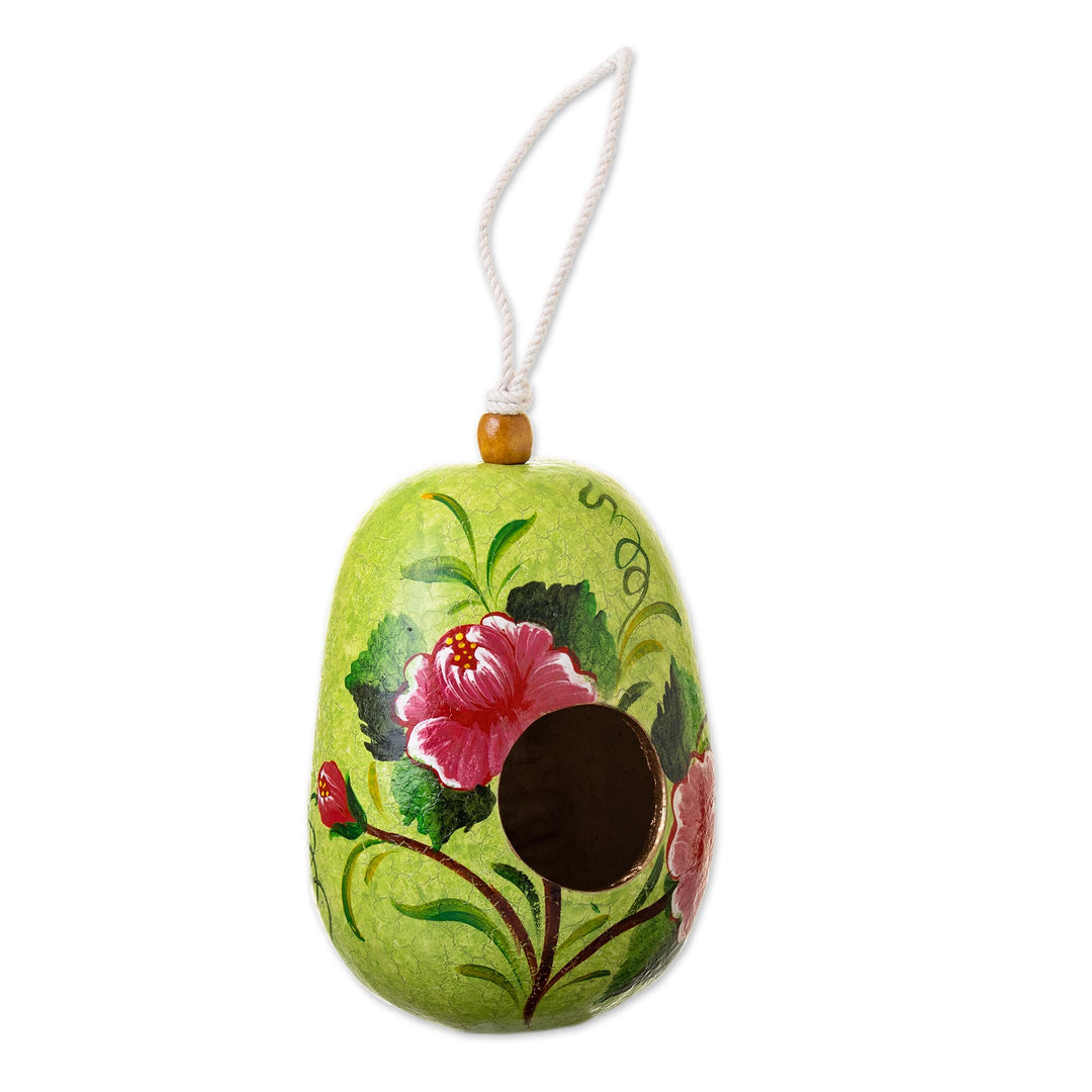 Dried Mate Gourd Green Hand Painted Birdhouse from Peru - Avian Condo