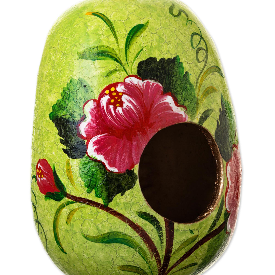 Dried Mate Gourd Green Hand Painted Birdhouse from Peru - Avian Condo