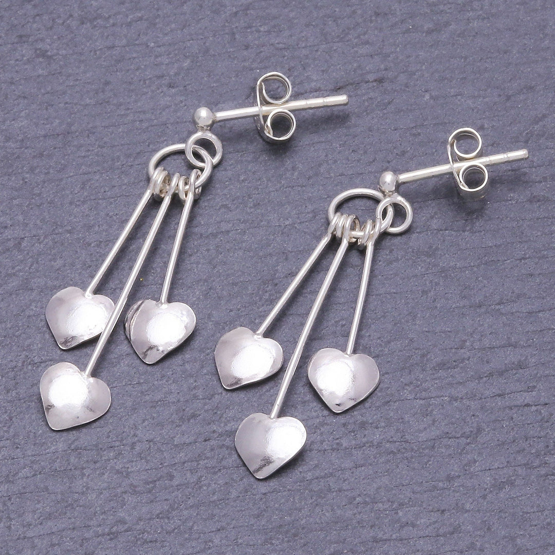 Sterling Silver Dangle Earrings with Heart Motif - Trio of Hearts