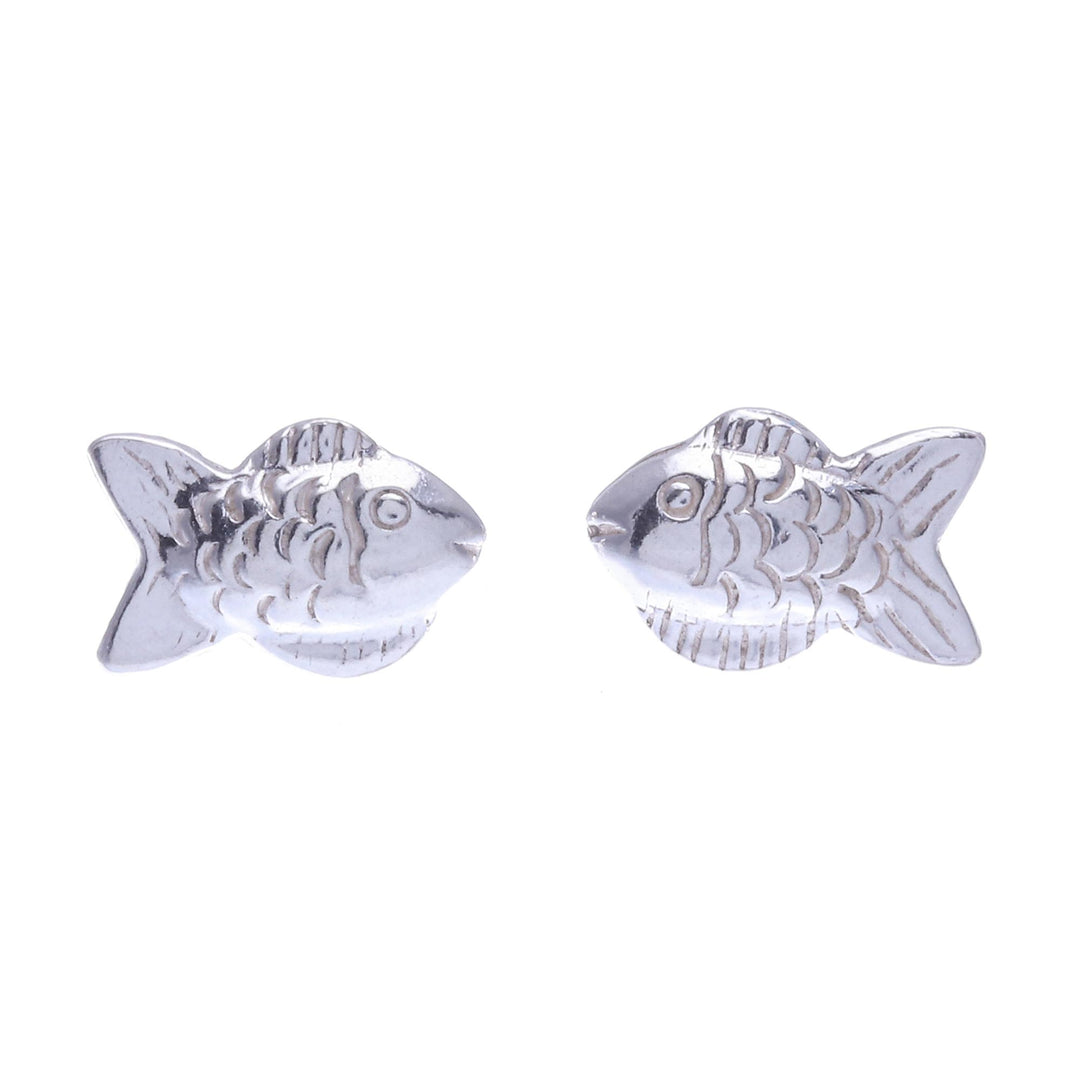 Thai Sterling Silver Stud Earrings with Fish Motif - Bubble Blower