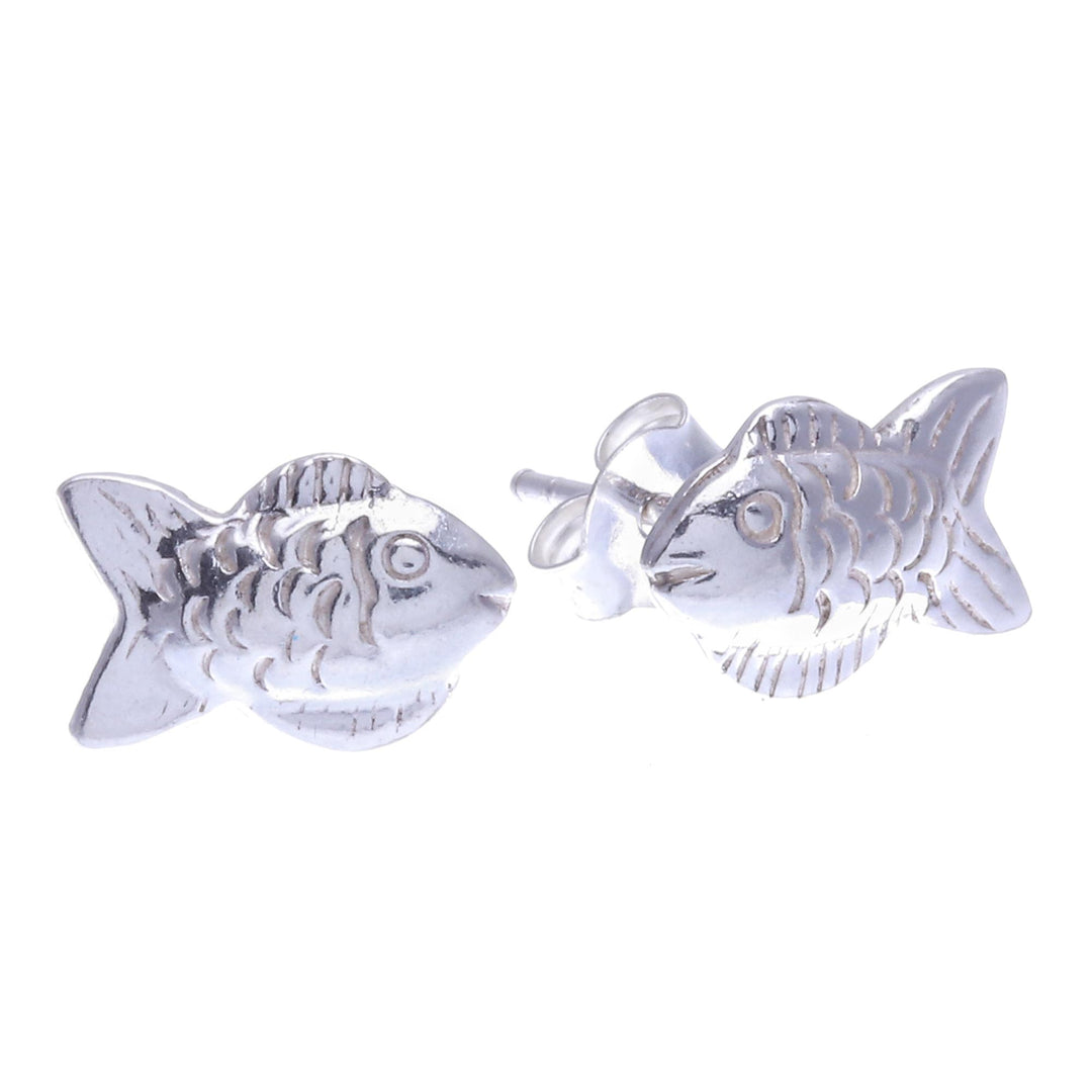 Thai Sterling Silver Stud Earrings with Fish Motif - Bubble Blower
