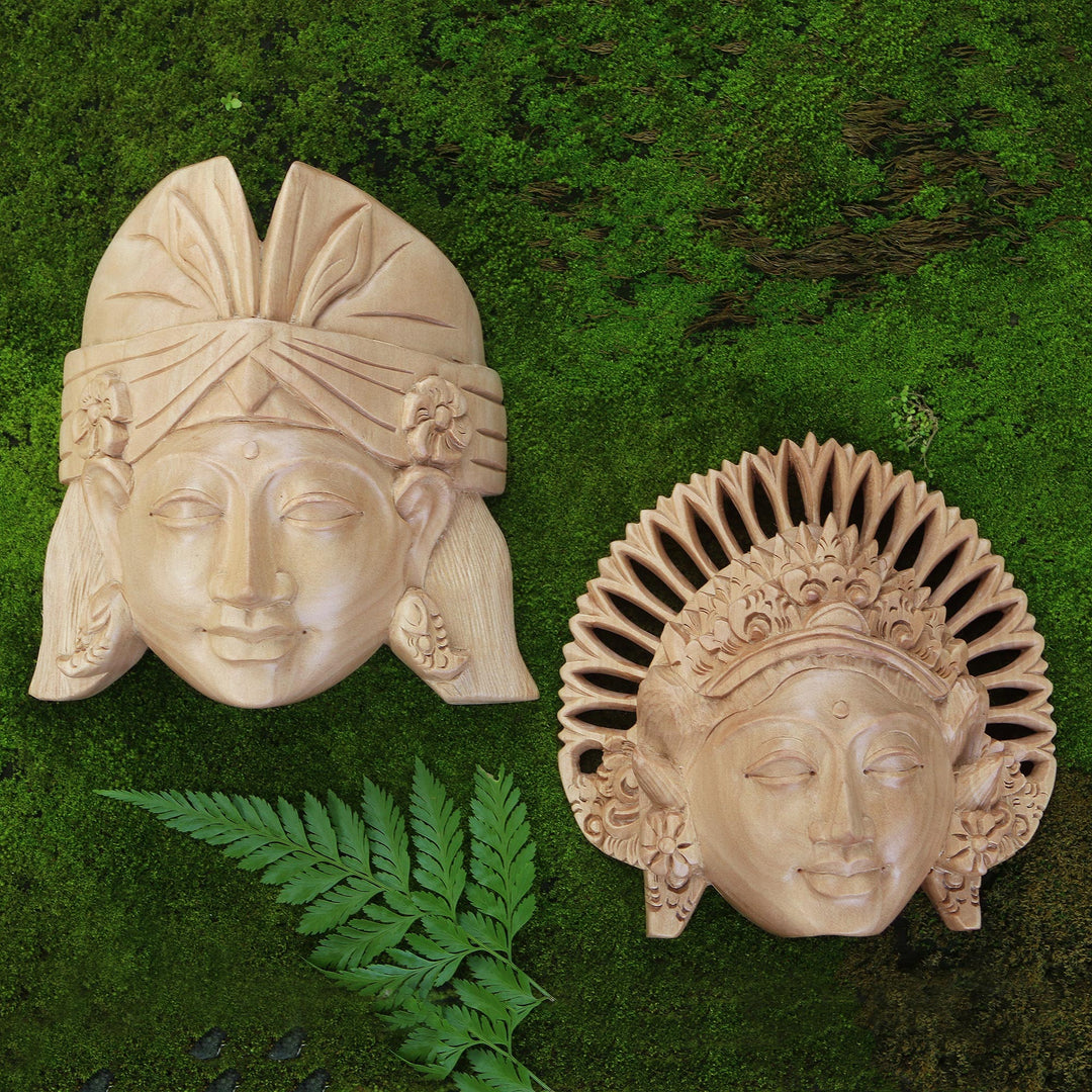 Crocodile Wood Balinese Dancing Masks (Pair) - Kecak and Janger