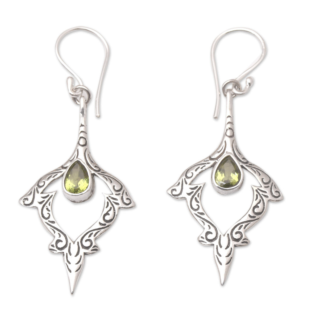 Sterling Silver Dangle Earrings with Pear Peridot Stones - Green Beauty