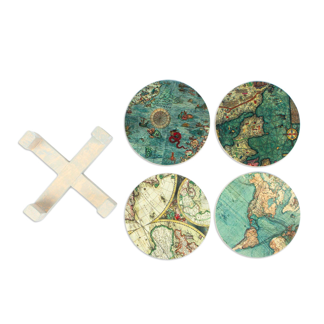 Decoupage Coasters and Holder with Africa Maps (Set of 4) - Old Africa