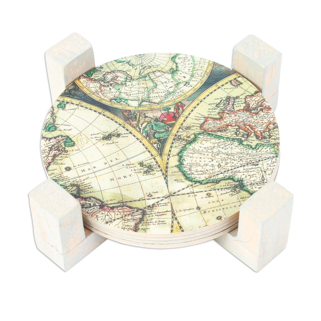 Decoupage Coasters and Holder with Africa Maps (Set of 4) - Old Africa