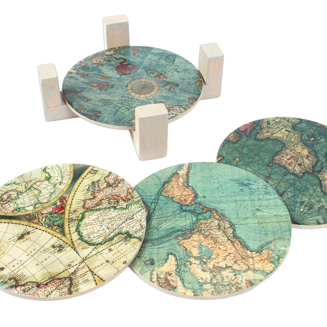 Decoupage Coasters and Holder with Africa Maps (Set of 4) - Old Africa