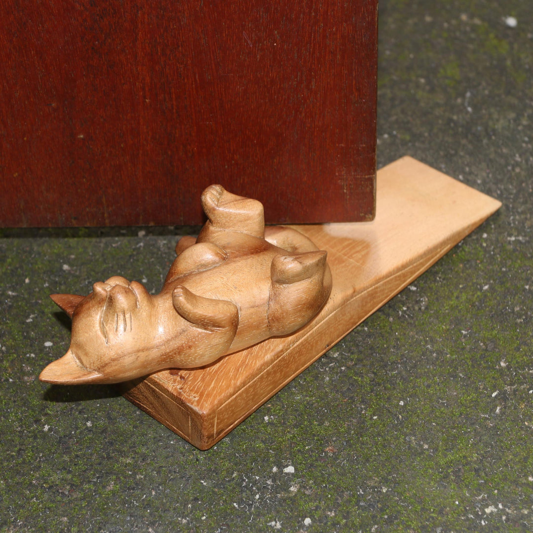 Suar Wood Door Stopper with Cat Motif - After You