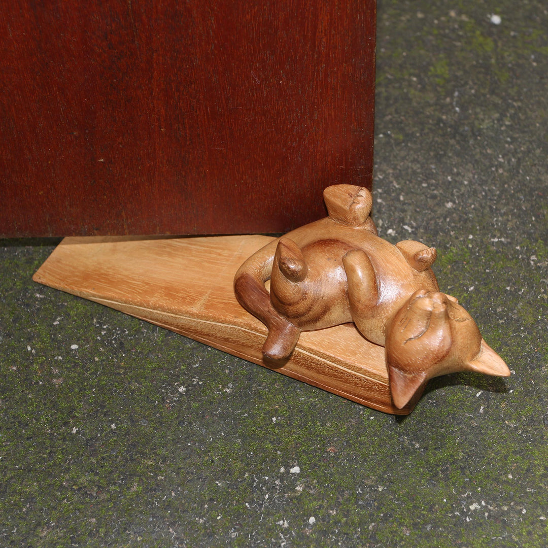 Suar Wood Door Stopper with Cat Motif - After You