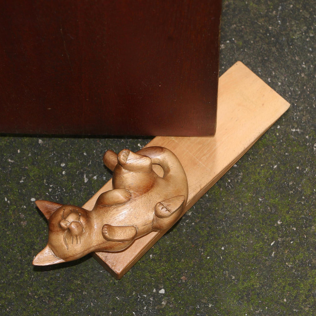 Suar Wood Door Stopper with Cat Motif - After You