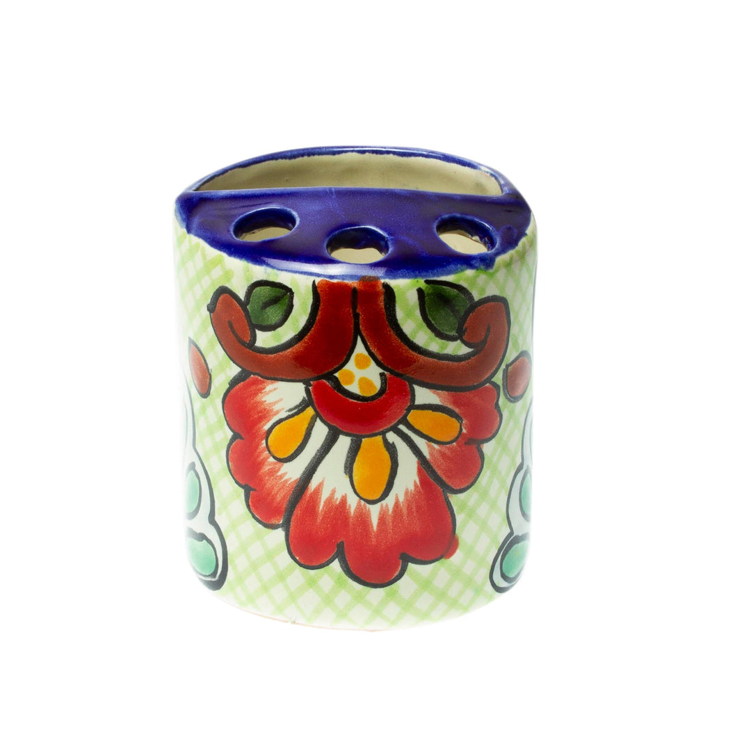 Green Dominant Talavera Style Toothbrush Holder from Mexico - Hidalgo Bouquet