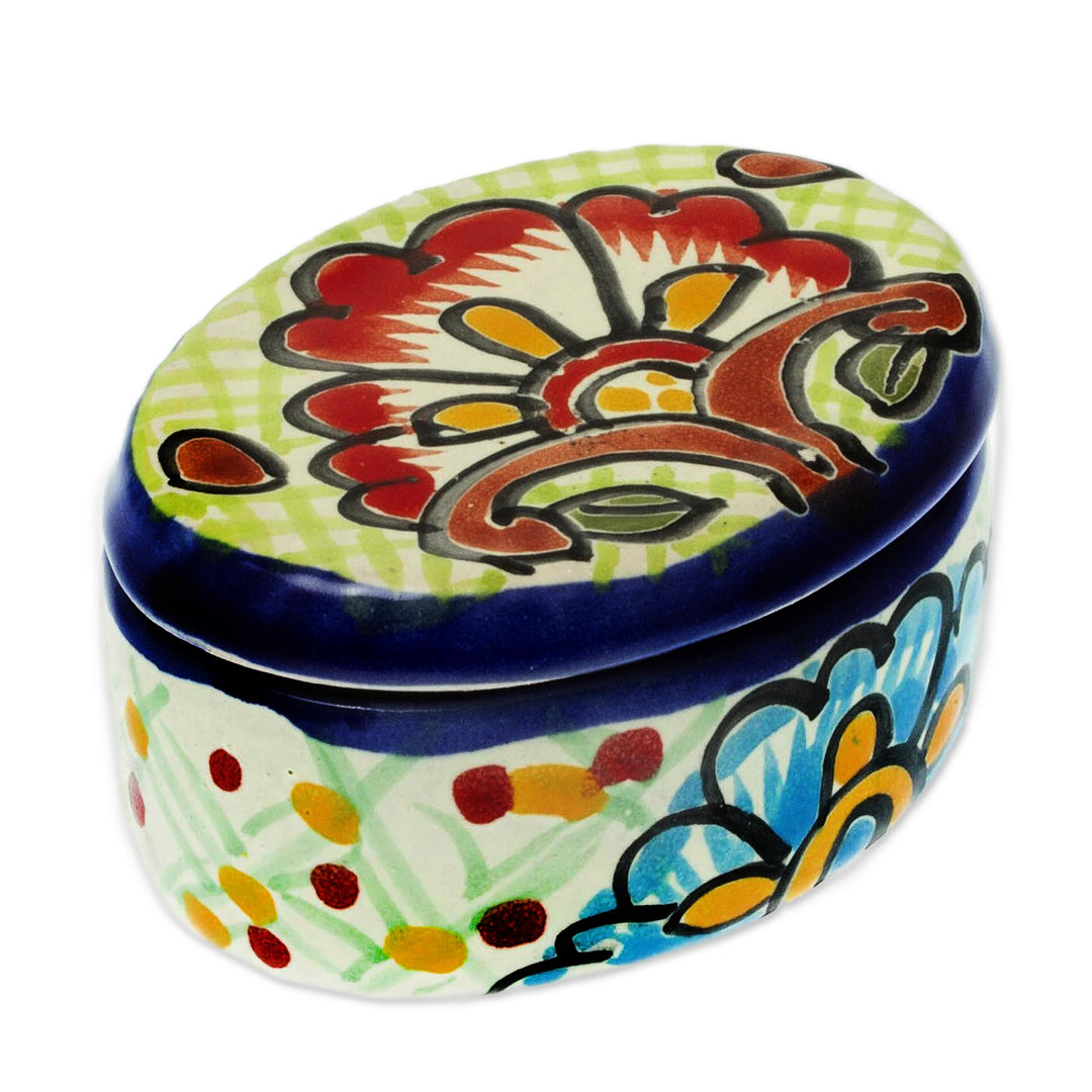 Cotton Swab Jar in Talavera-Style Ceramic - Talavera Flowers