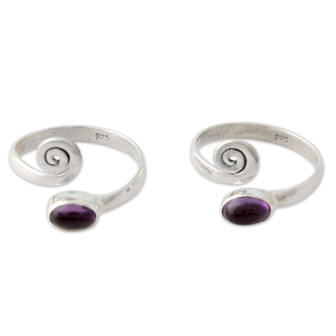 Amethyst and Sterling Silver Toe Rings from India (Pair) - Curls