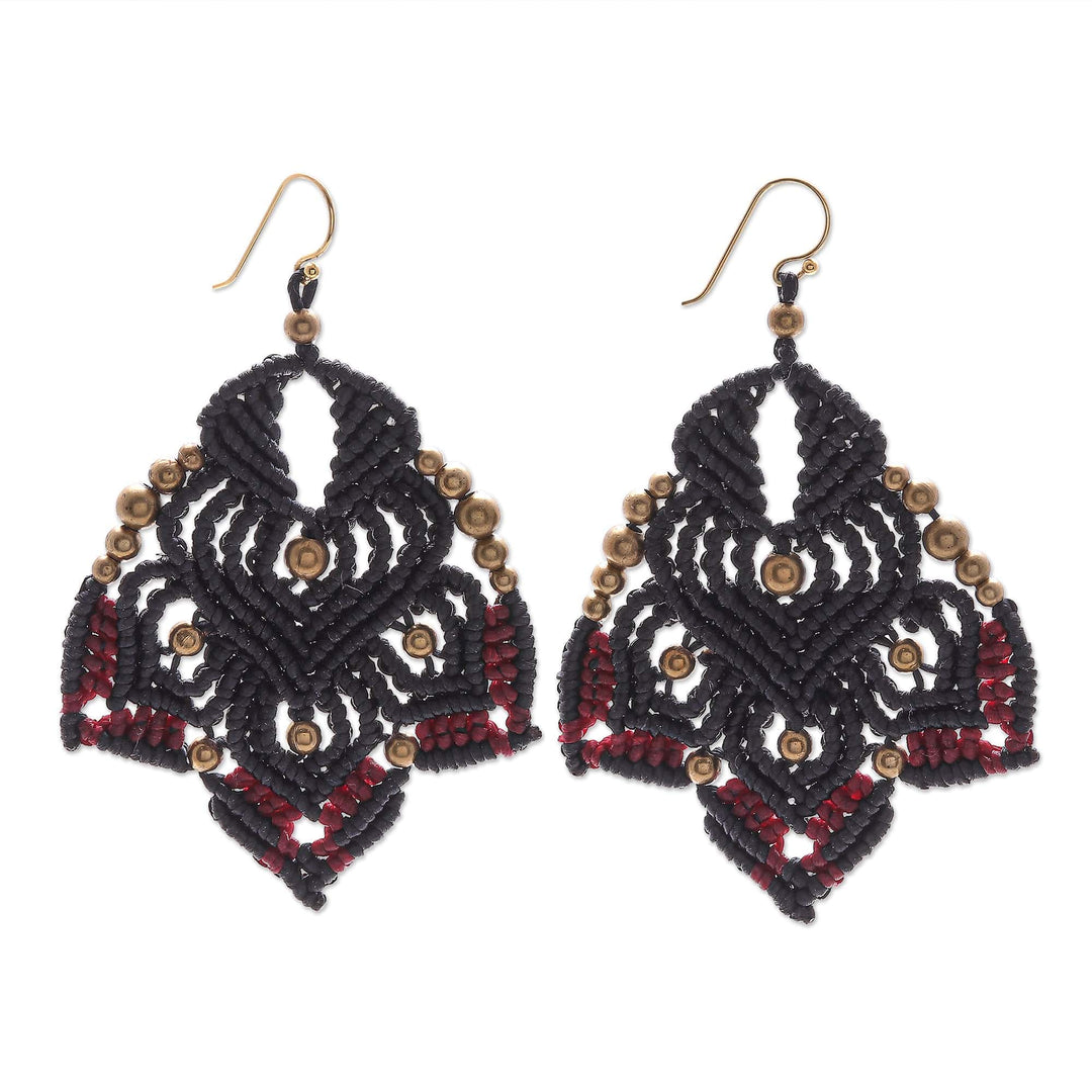 Gold-Accented Macrame Earrings with Brass Beads - Boho Daisy in Black