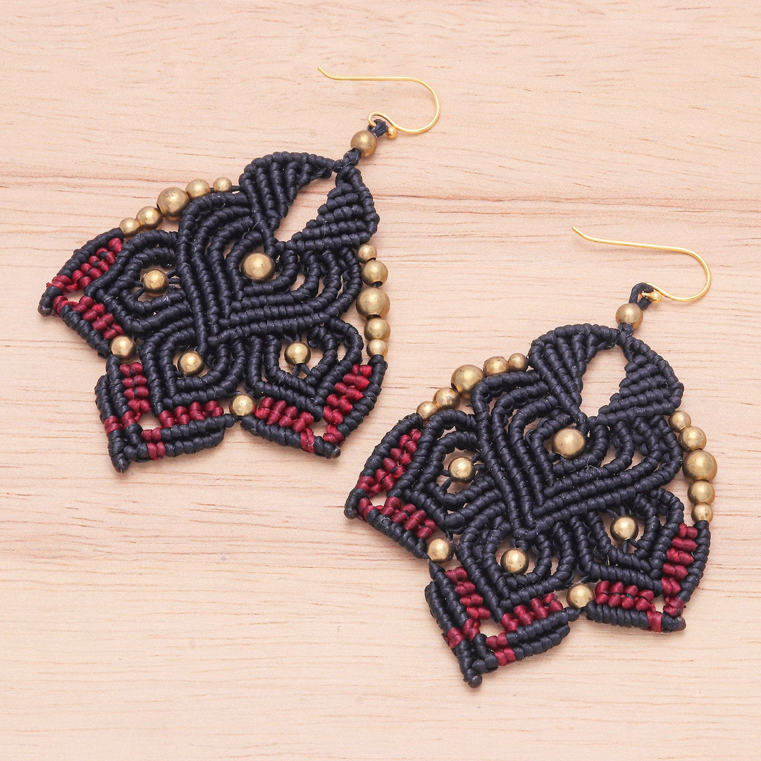 Gold-Accented Macrame Earrings with Brass Beads - Boho Daisy in Black