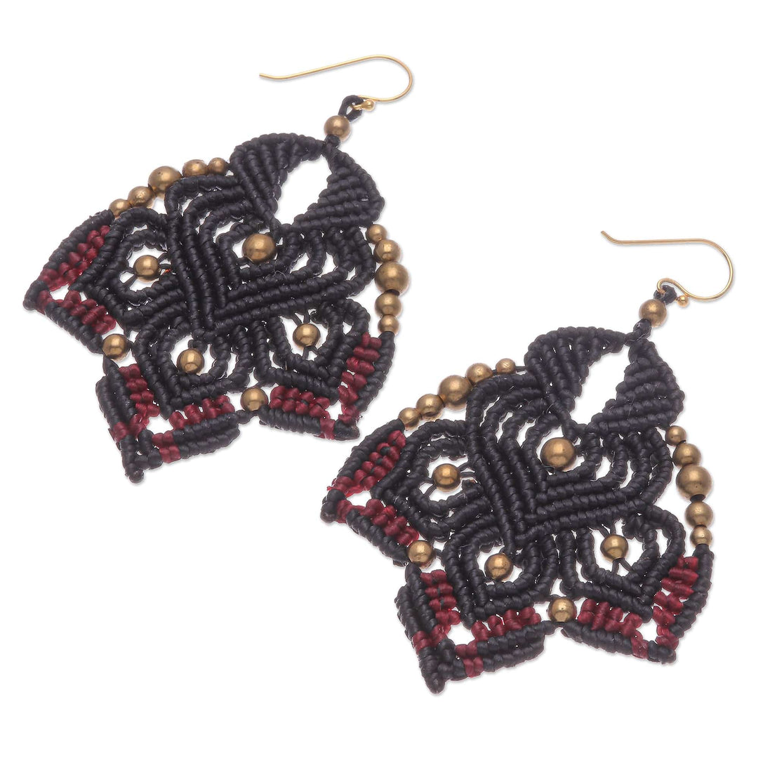 Gold-Accented Macrame Earrings with Brass Beads - Boho Daisy in Black