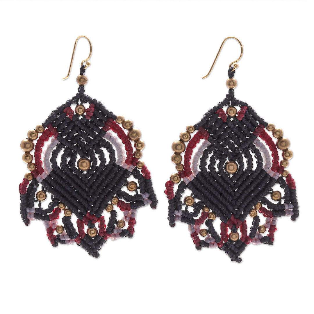 Hand-Knotted Macrame Dangle Earrings - Boho Blaze in Black