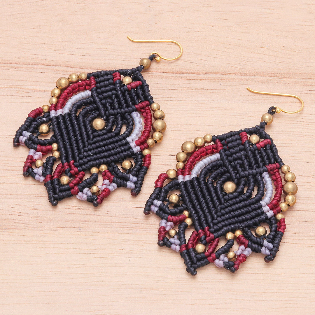 Hand-Knotted Macrame Dangle Earrings - Boho Blaze in Black
