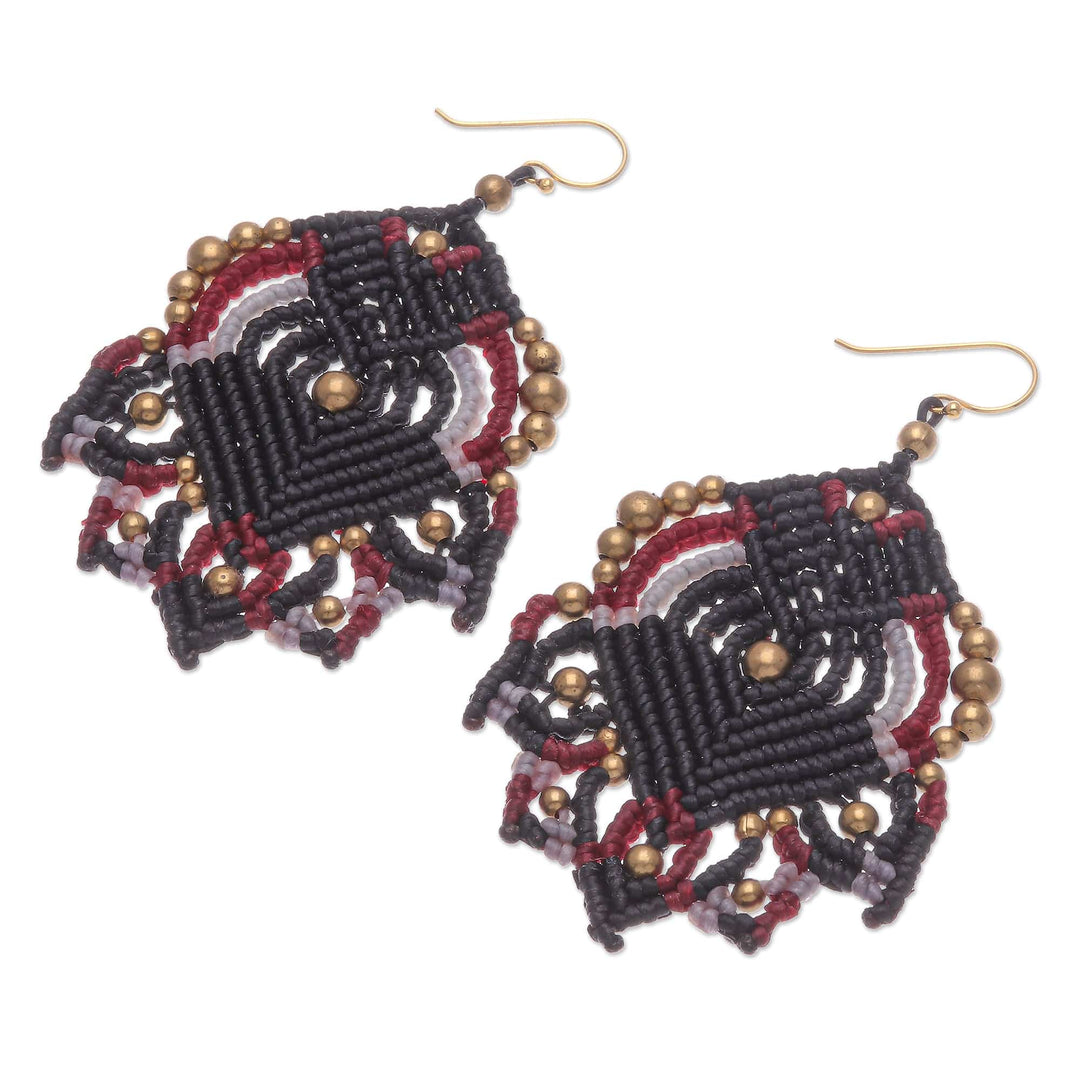 Hand-Knotted Macrame Dangle Earrings - Boho Blaze in Black