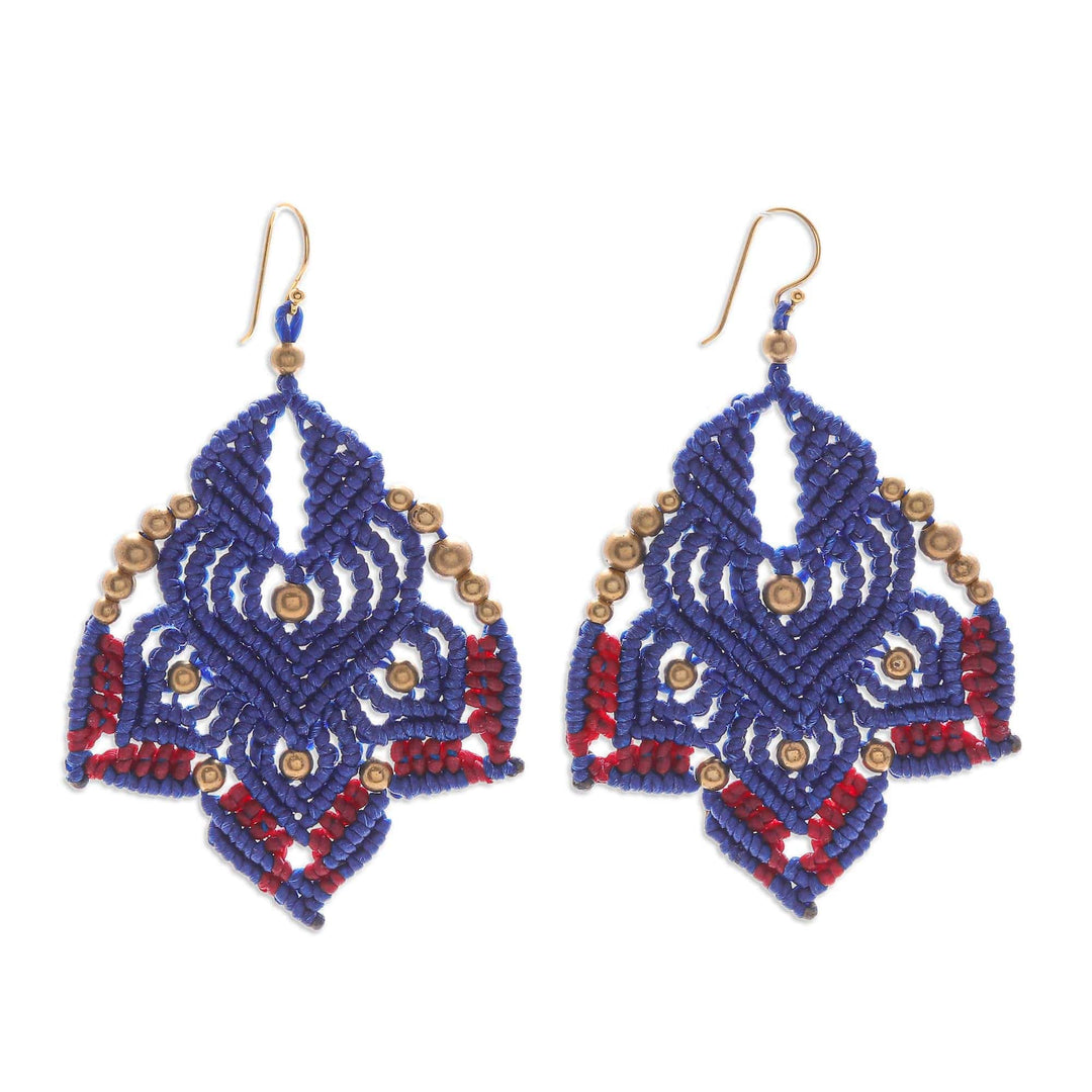 Hand-Knotted Macrame Earrings with Brass Beads - Boho Daisy in Blue