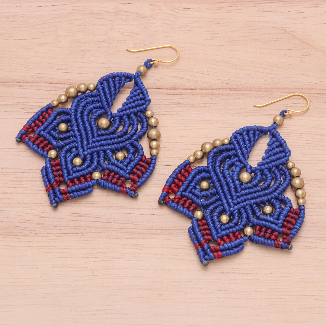 Hand-Knotted Macrame Earrings with Brass Beads - Boho Daisy in Blue