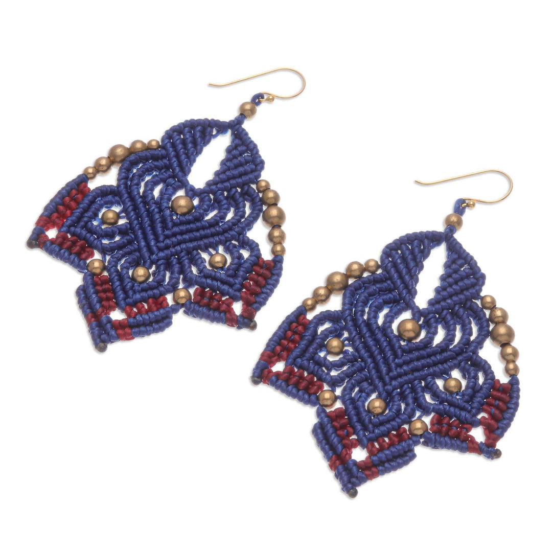 Hand-Knotted Macrame Earrings with Brass Beads - Boho Daisy in Blue