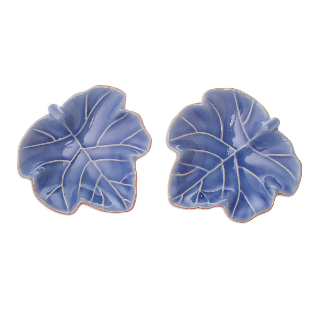 Leafy Blue Ceramic Appetizer Bowls from Thailand (Pair) - Ivy Gourd