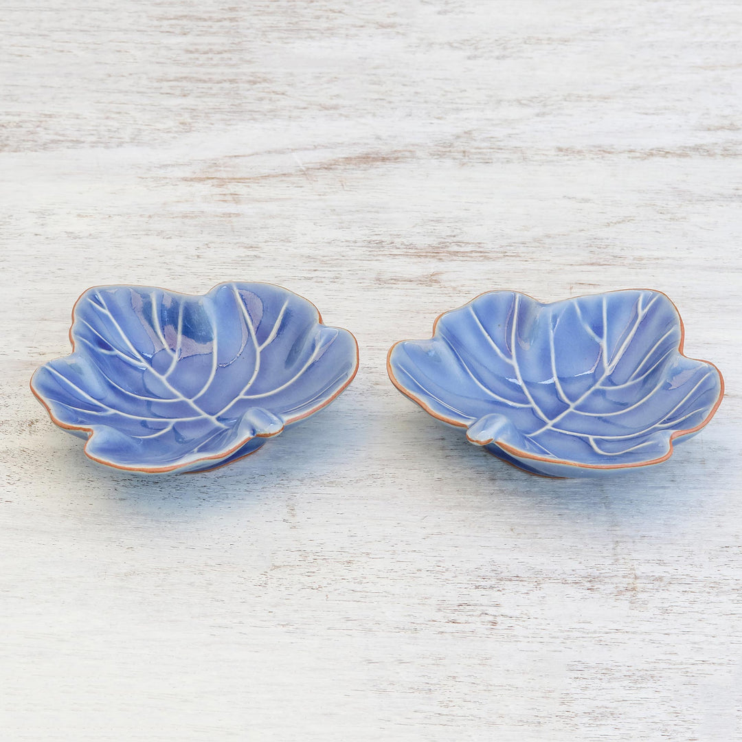 Leafy Blue Ceramic Appetizer Bowls from Thailand (Pair) - Ivy Gourd