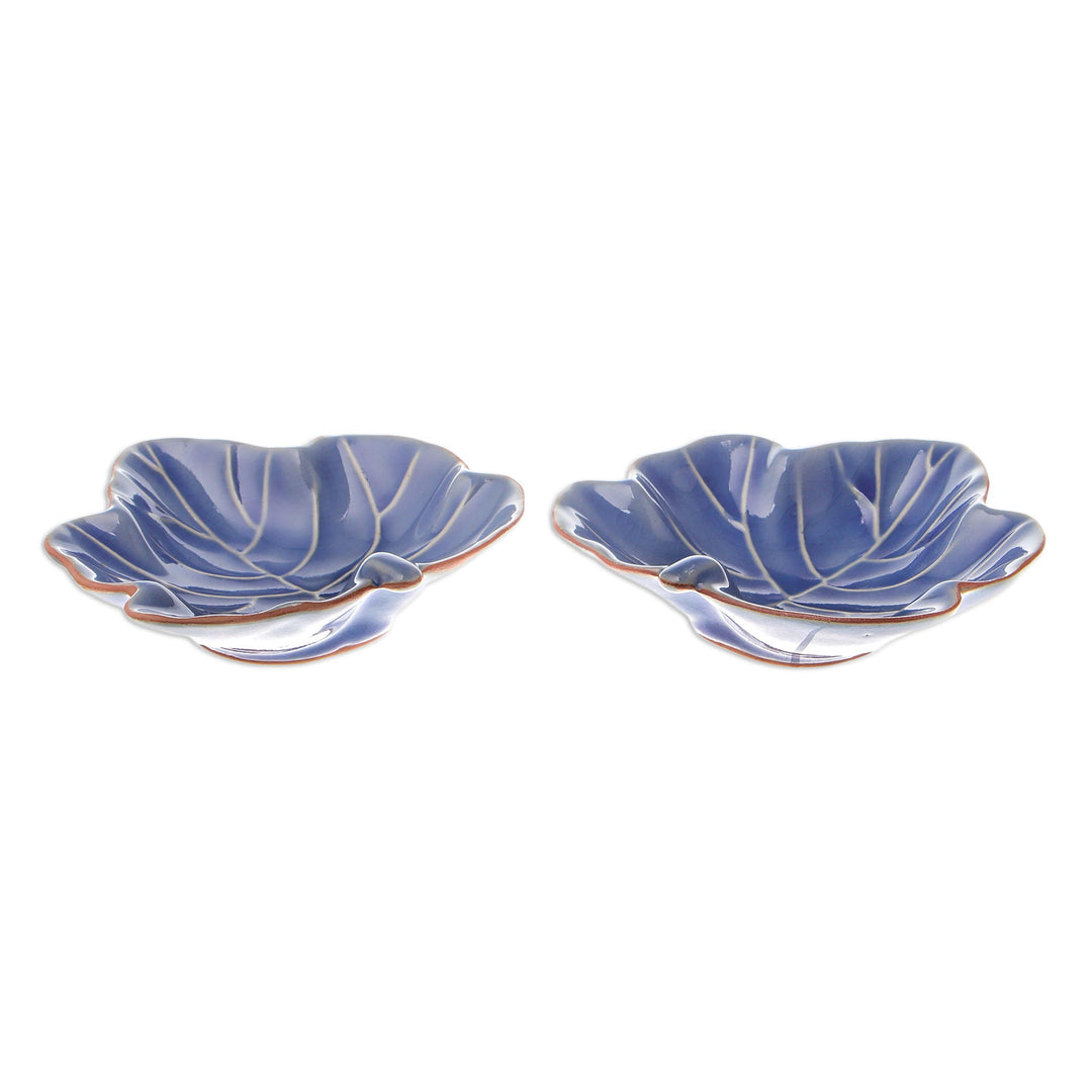 Leafy Blue Ceramic Appetizer Bowls from Thailand (Pair) - Ivy Gourd