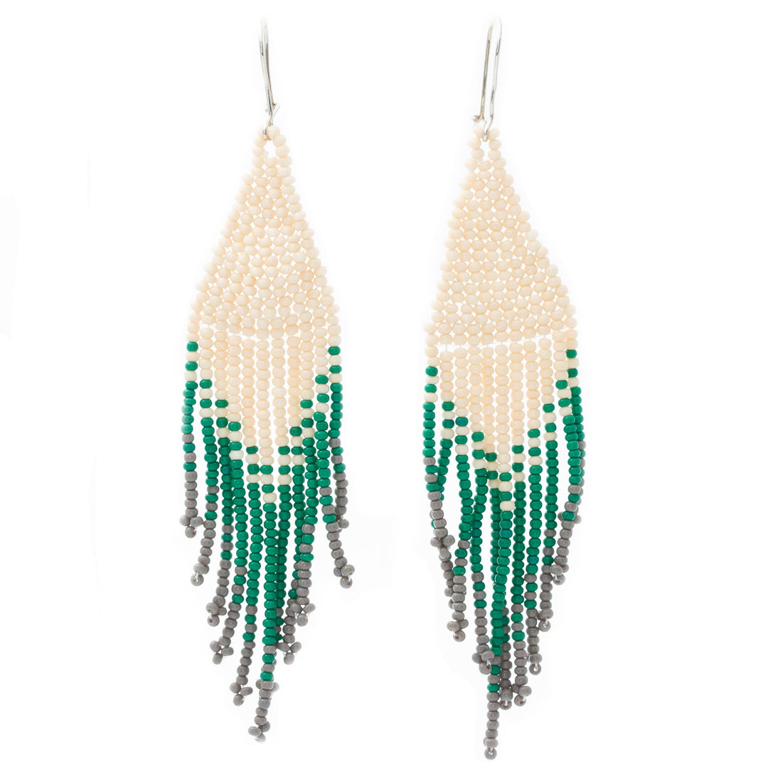 Beige and Green Glass Beaded Waterfall Earrings - Falling Emeralds