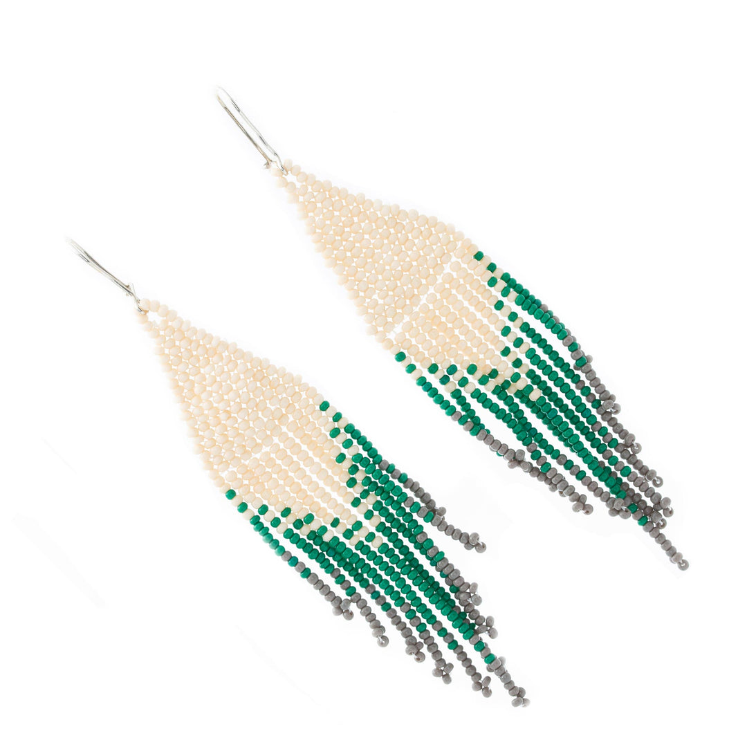 Beige and Green Glass Beaded Waterfall Earrings - Falling Emeralds