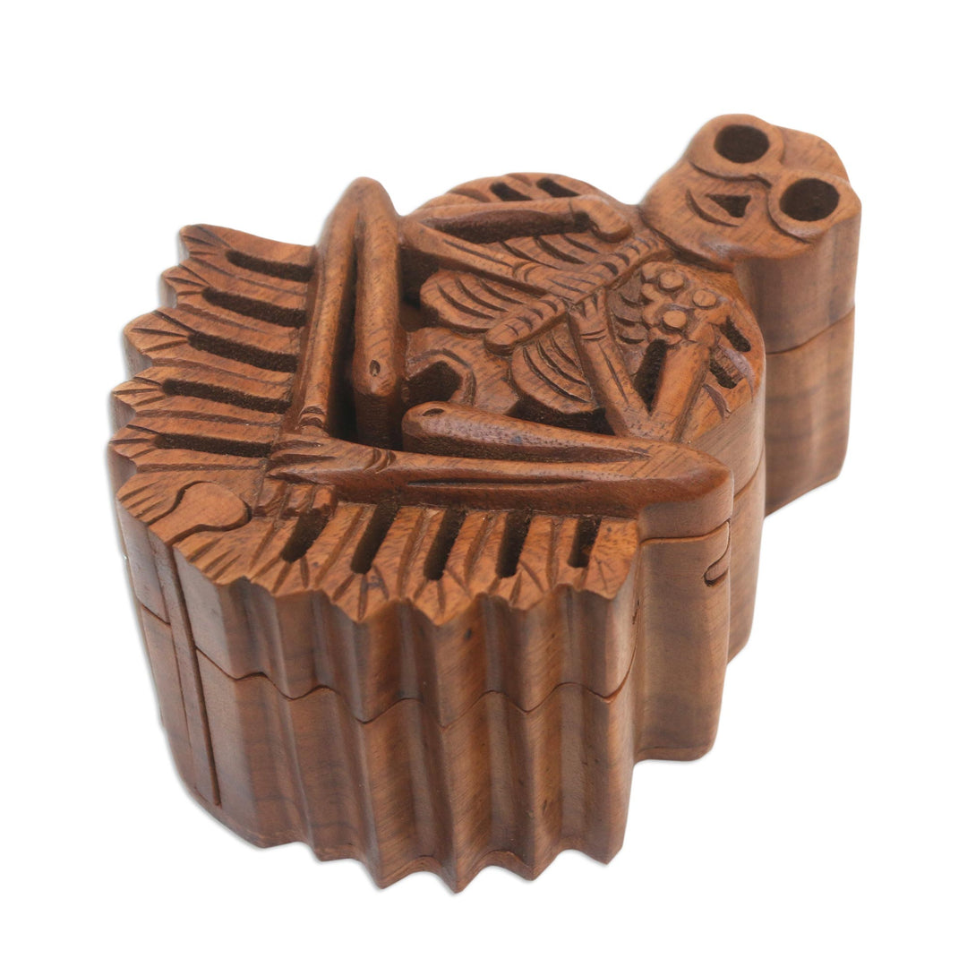Handmade Suar Wood Puzzle Box with Skeleton Motif - Bare Bones
