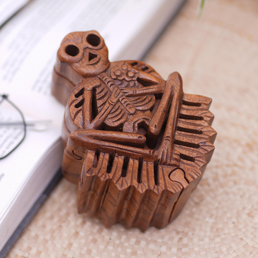 Handmade Suar Wood Puzzle Box with Skeleton Motif - Bare Bones