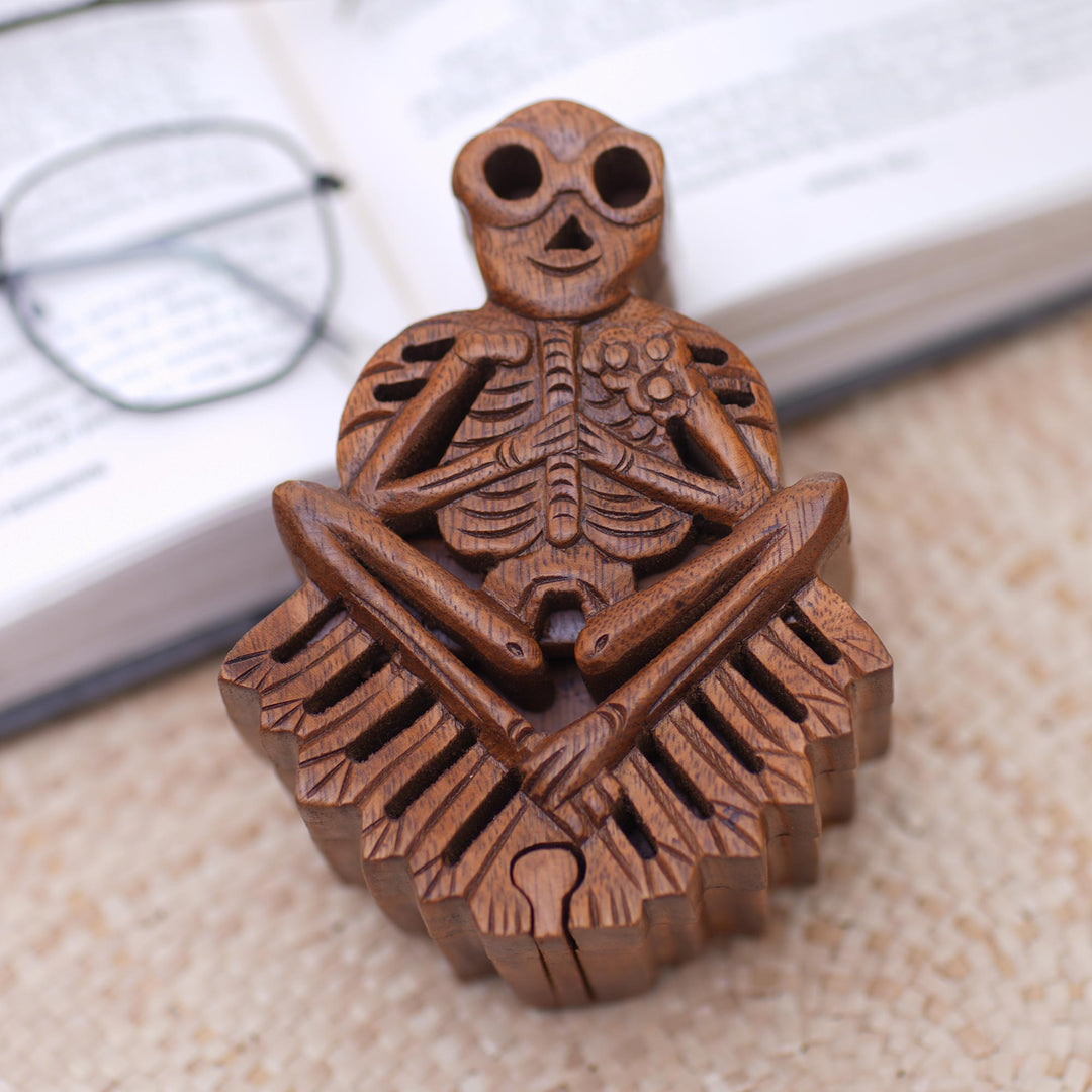 Handmade Suar Wood Puzzle Box with Skeleton Motif - Bare Bones