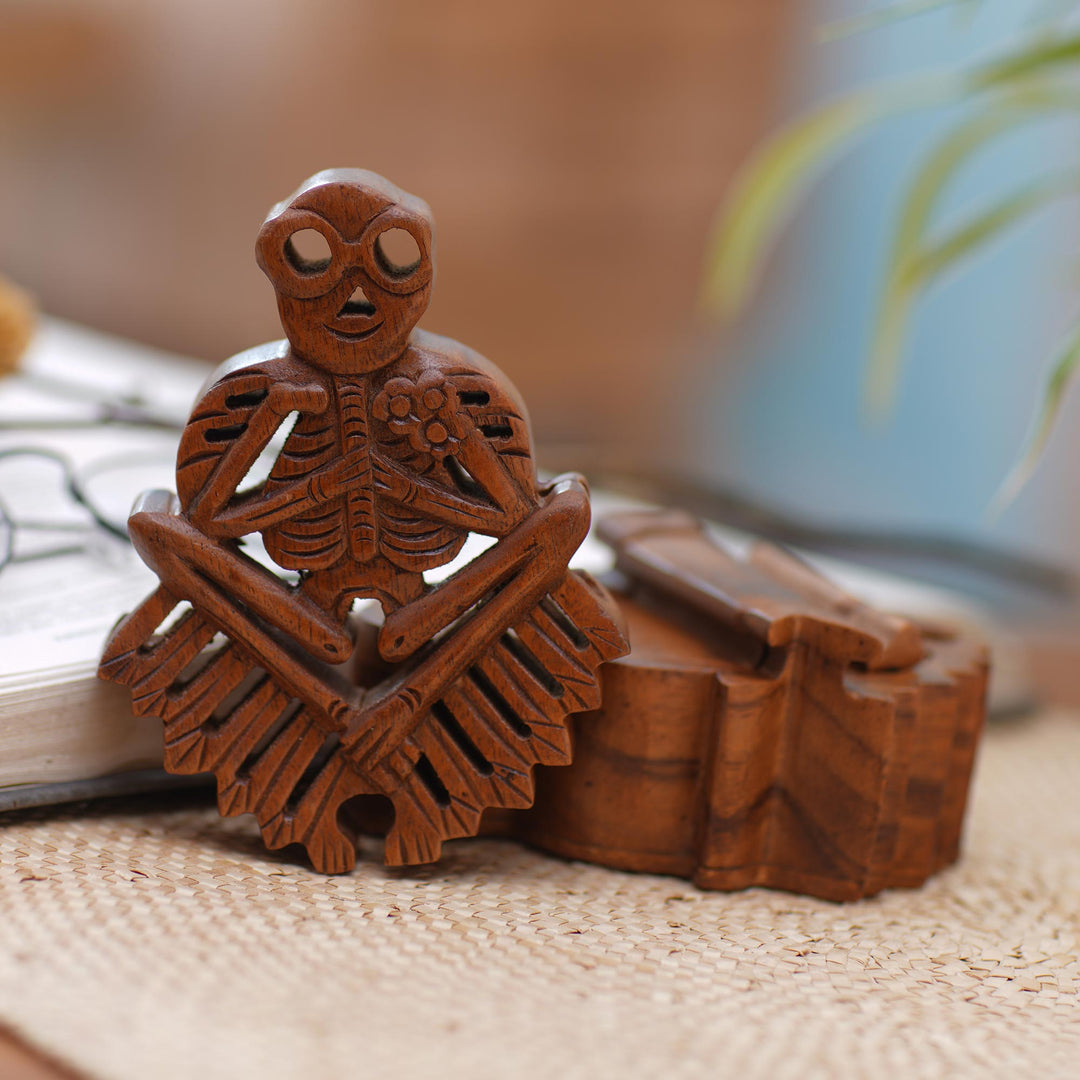 Handmade Suar Wood Puzzle Box with Skeleton Motif - Bare Bones