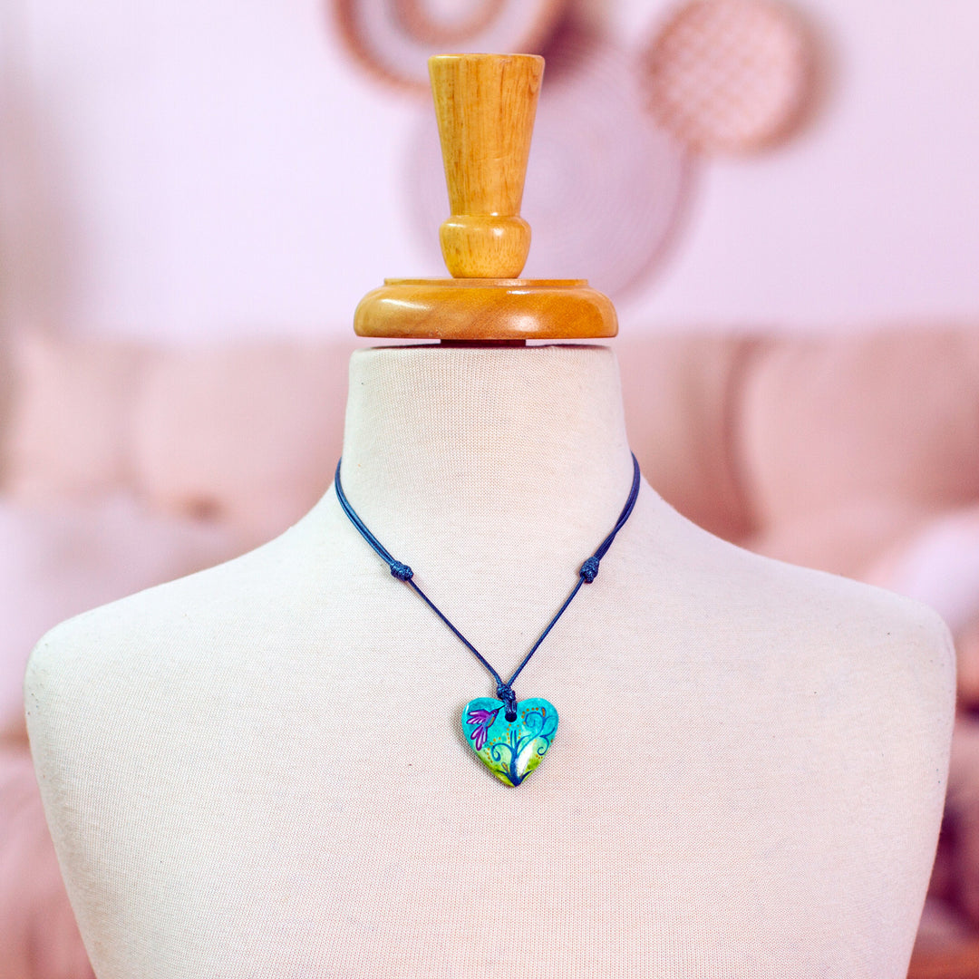 Papier Mache Hummingbird Pendant Necklace from Mexico - Sky Hummingbird