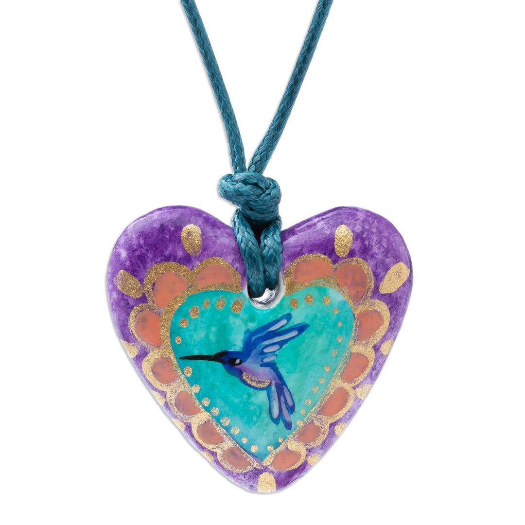 Hand Painted Heart Shaped Hummingbird Pendant Necklace - Purple Hummingbird Heart