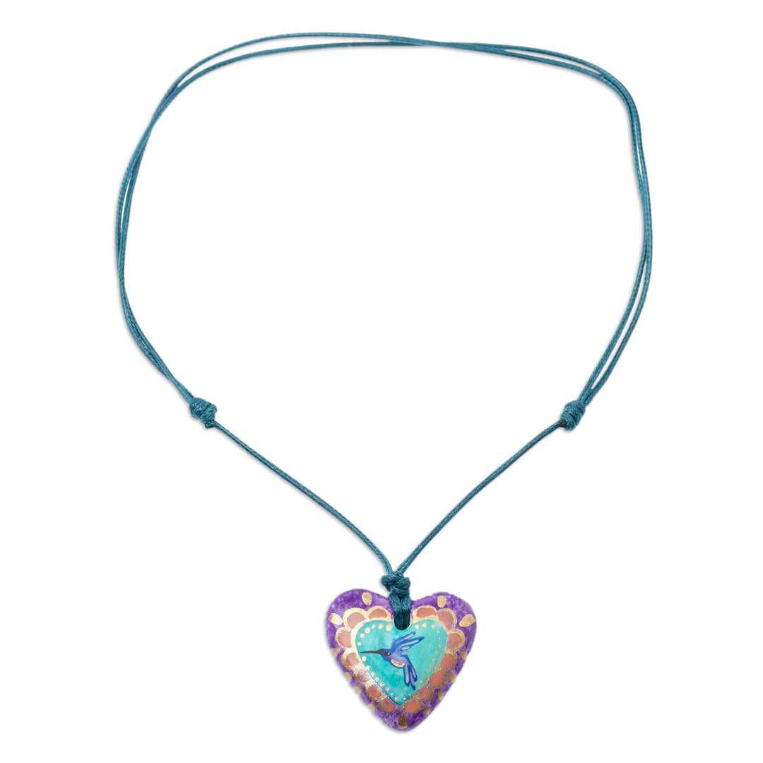 Hand Painted Heart Shaped Hummingbird Pendant Necklace - Purple Hummingbird Heart