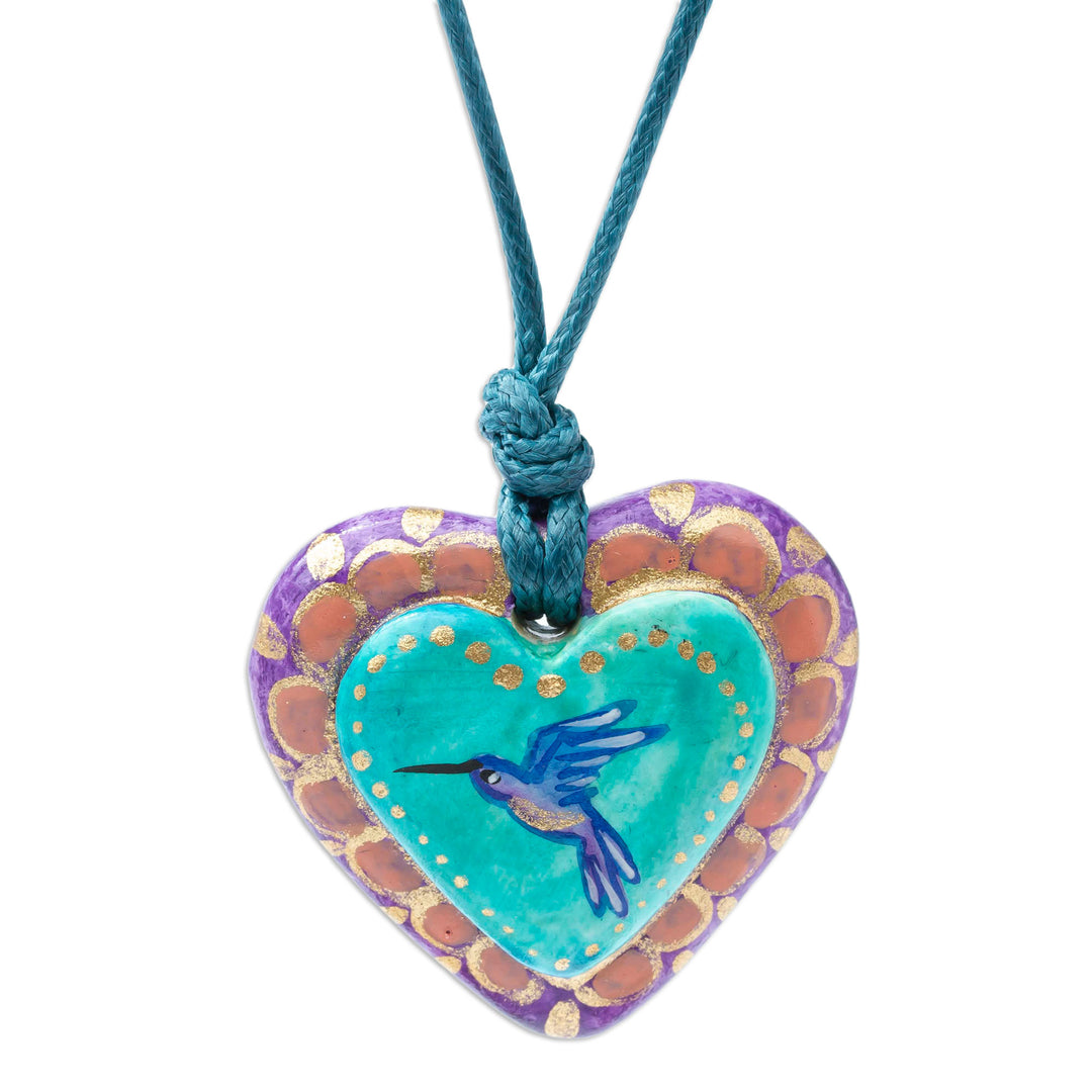 Hand Painted Heart Shaped Hummingbird Pendant Necklace - Framed Hummingbird Heart