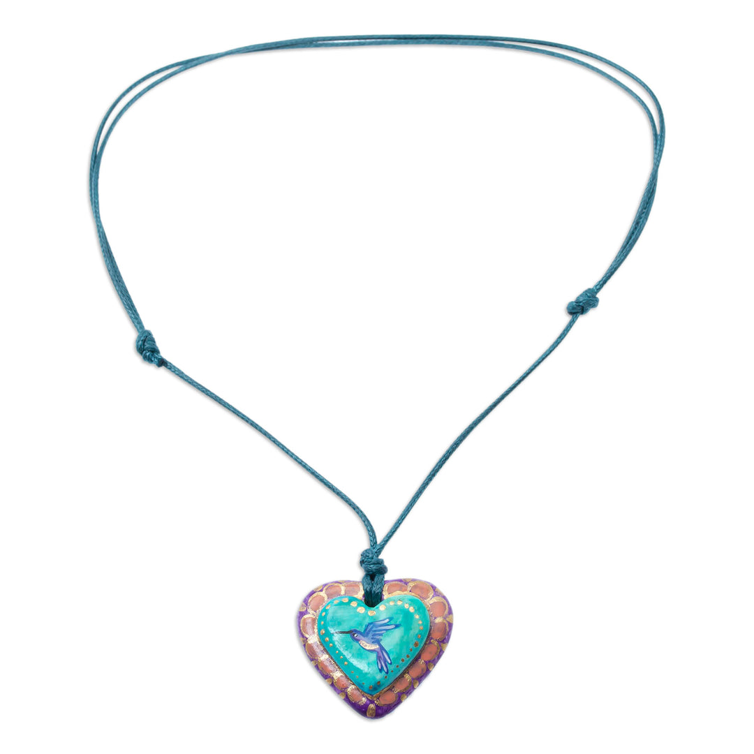 Hand Painted Heart Shaped Hummingbird Pendant Necklace - Framed Hummingbird Heart