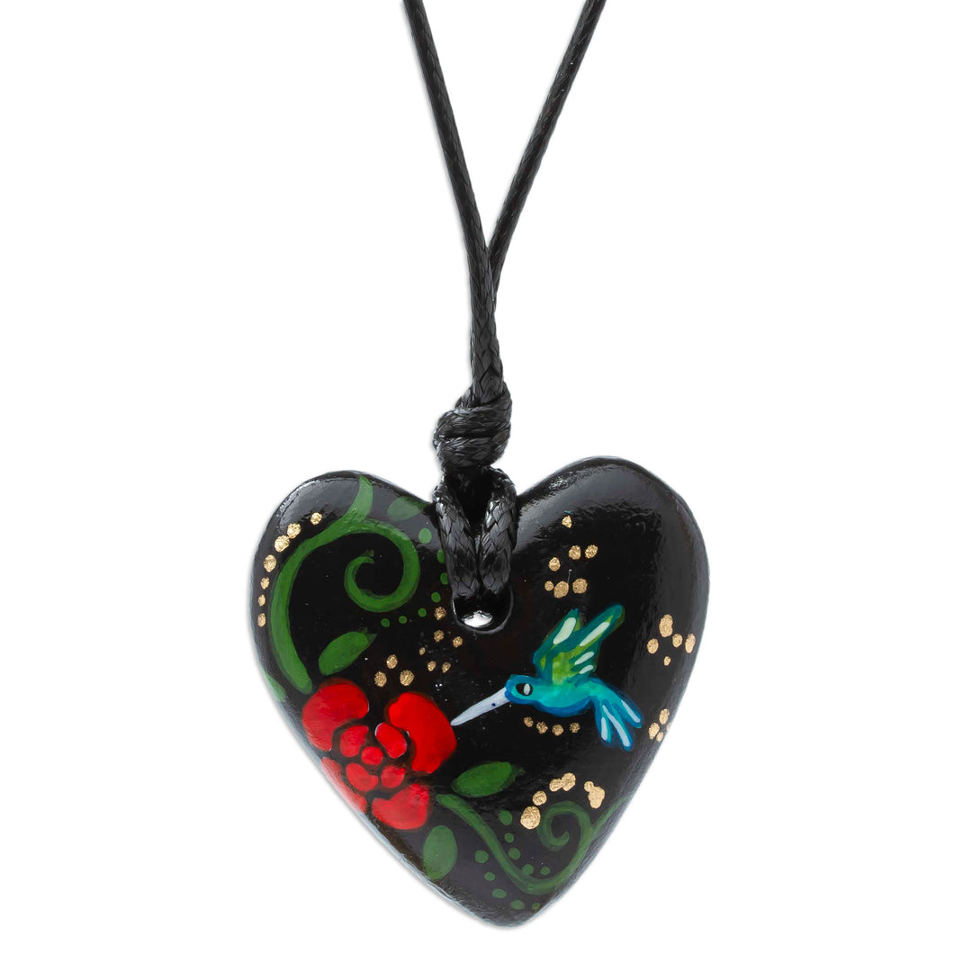Hand Painted Heart Shaped Hummingbird Pendant Necklace - Night Hummingbird Heart