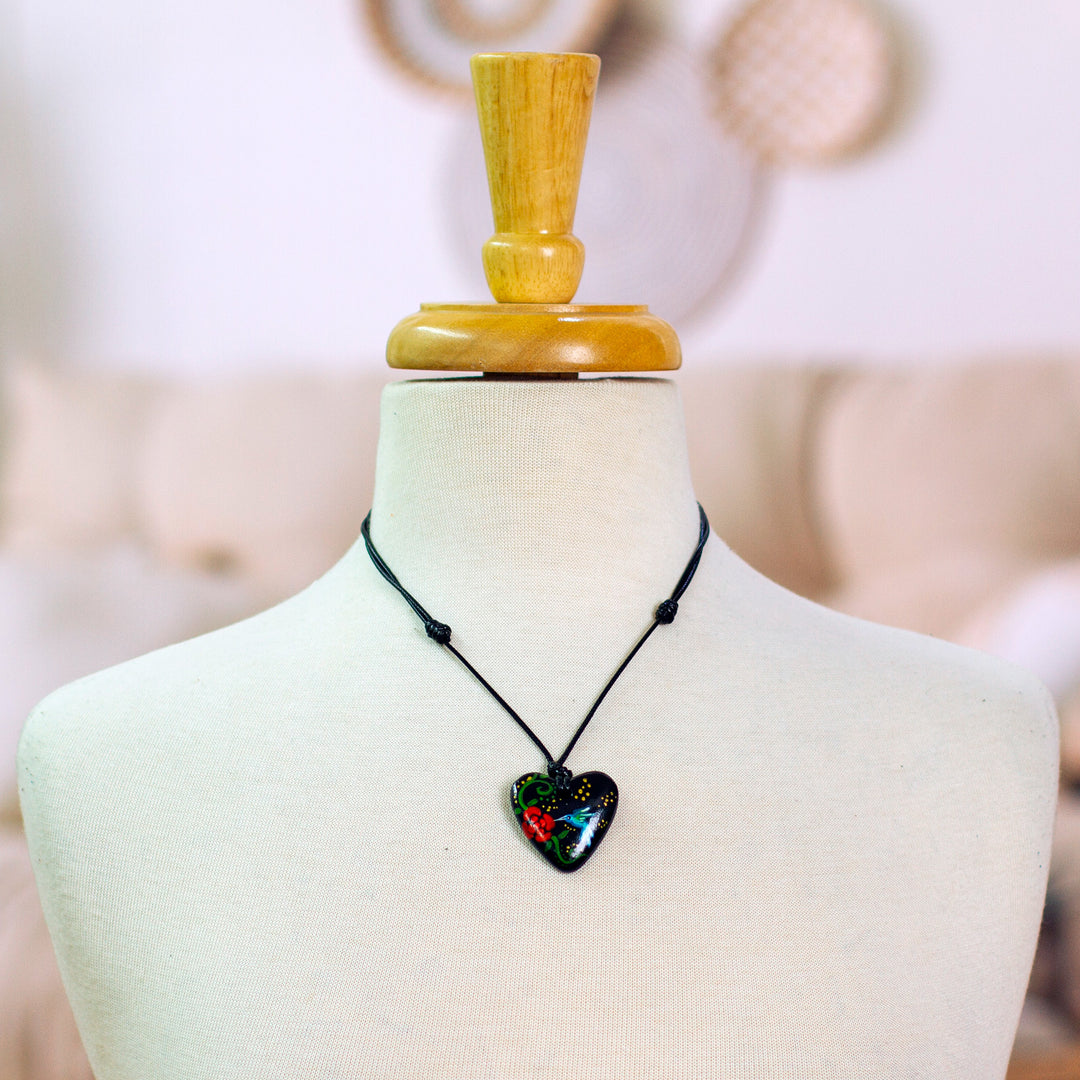Hand Painted Heart Shaped Hummingbird Pendant Necklace - Night Hummingbird Heart